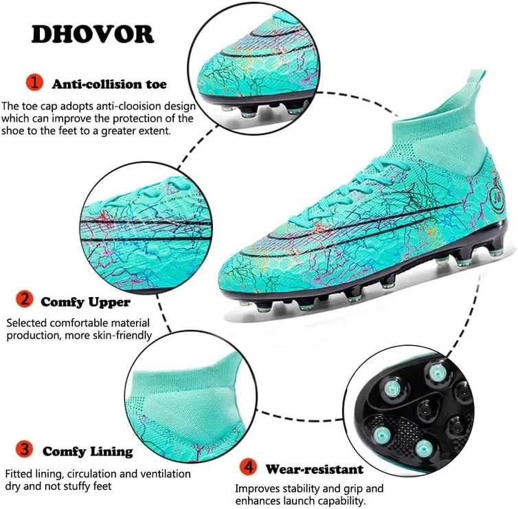 DHOVOR Womens Soccer Cleats Youth High-Top Football Cleats Anti Slip Athletics Football Trainers Outdoor Soccer Shoes