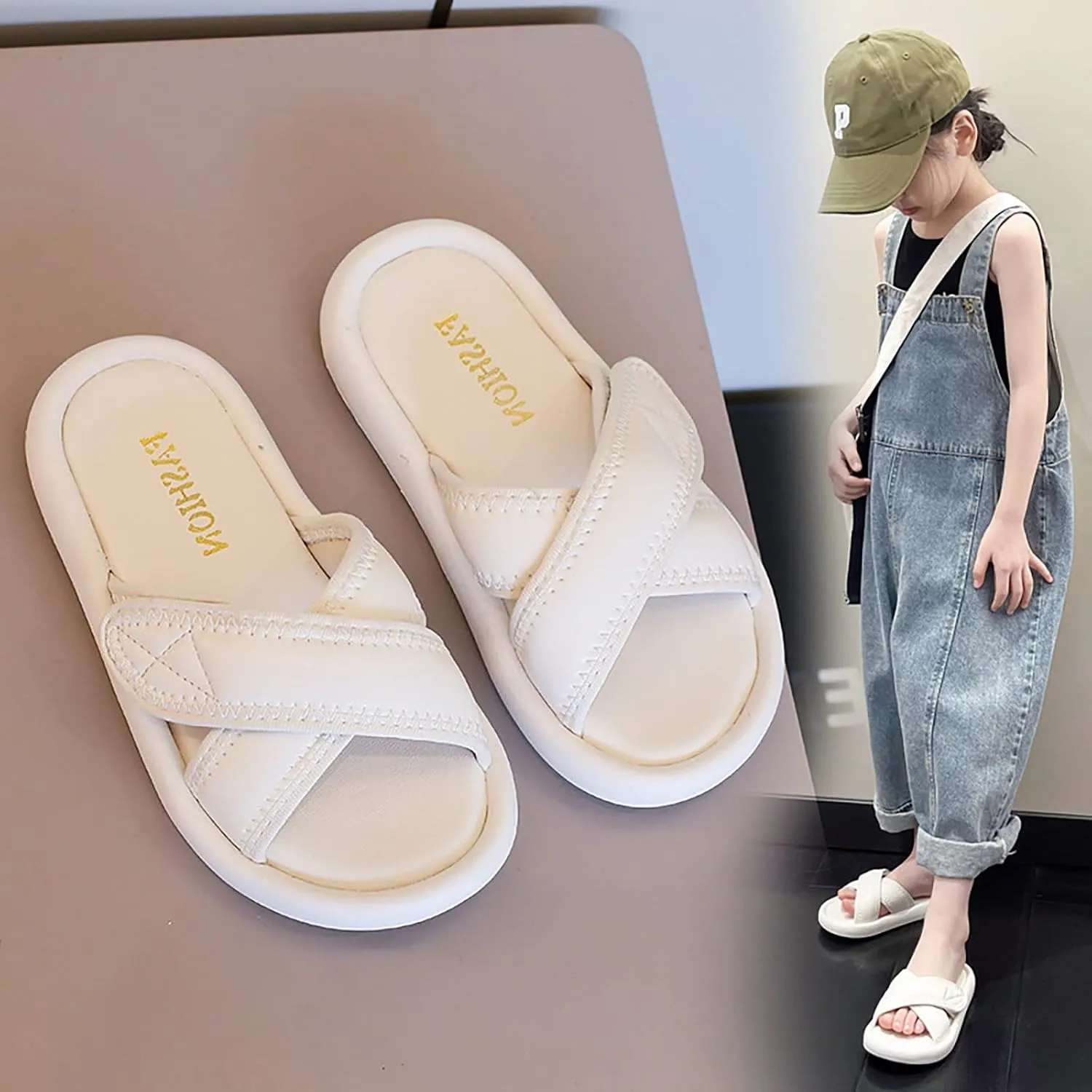 Girls Solid Color Sliders Open Toe Adjustable Flat Slippers Fashion Summer Slippers Non-Slip Slide Sandals Beach Shoes