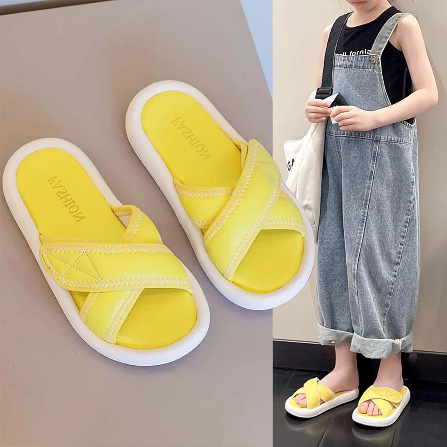 Girls Solid Color Sliders Open Toe Adjustable Flat Slippers Fashion Summer Slippers Non-Slip Slide Sandals Beach Shoes