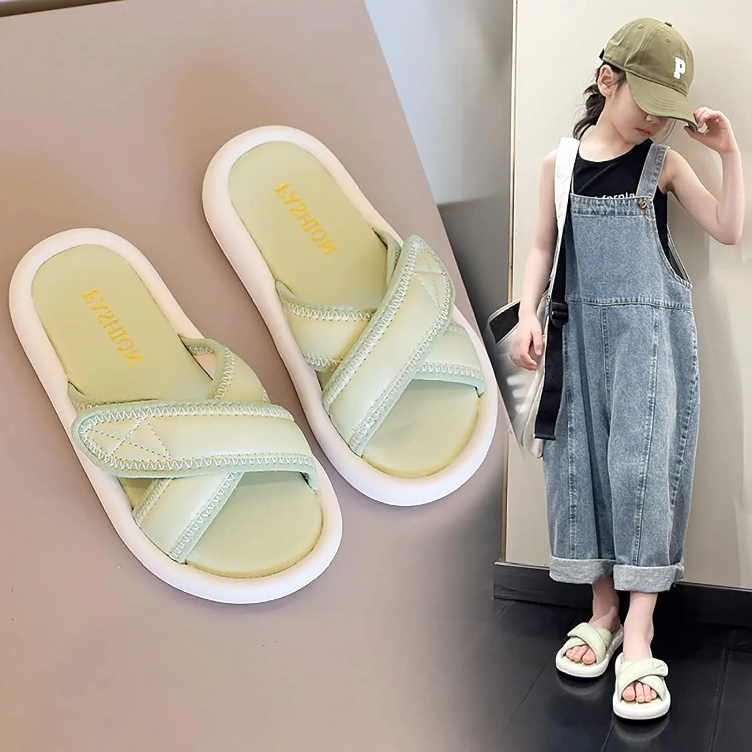 Girls Solid Color Sliders Open Toe Adjustable Flat Slippers Fashion Summer Slippers Non-Slip Slide Sandals Beach Shoes