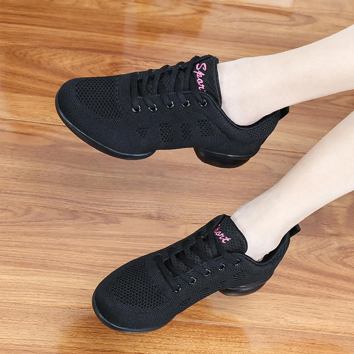 Womens Jazz Sneakers Lace-up Walking Shoes Split Sole Dance Shoes with Air Cushion Breathable Mesh Platform Shoes